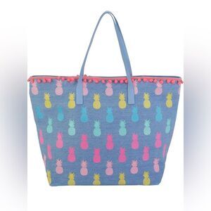 Caribbean Joe Blue Pineapple Pattern Tote Bag with Pink Trim